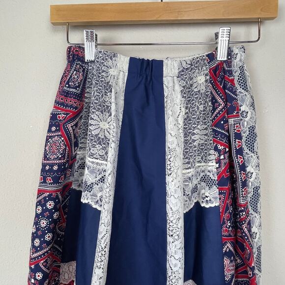 VTG 70s Patchwork Prairie Maxi Skirt S/M Red White Blue Lace Boho Cottagecore - Picture 4 of 5